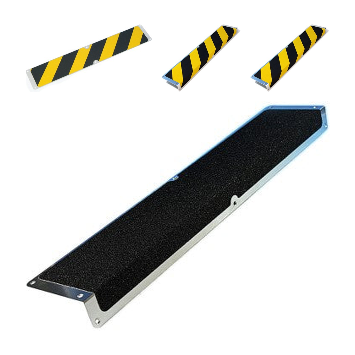 Antislip met bodemplaat: aluminium plaat antislip 635x115mm, aluminium antislip trapneus geel/zwart, aluminium antislip trapneus 300x120x45mm, aluminium antislip trapneus zwart