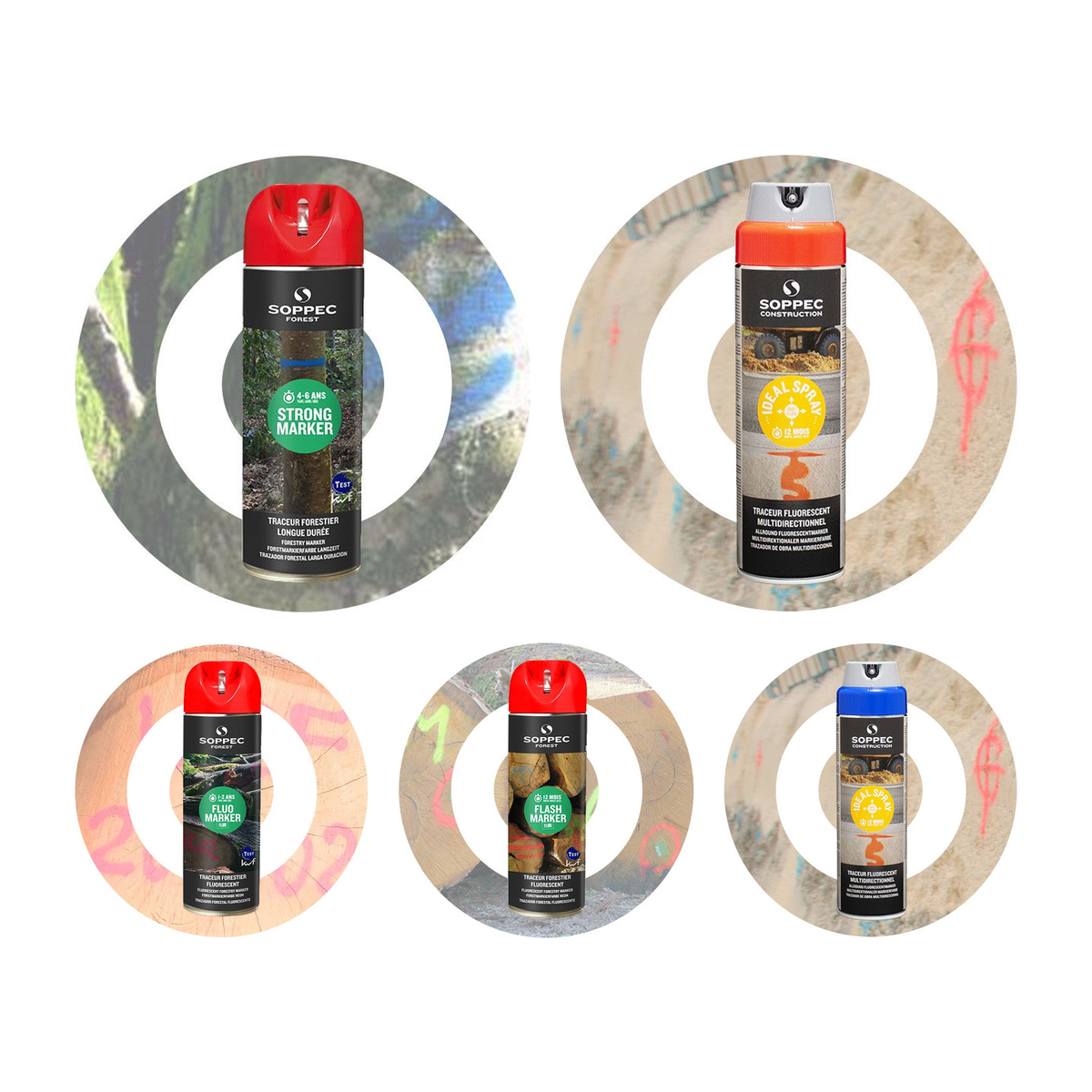 Bosbeheer: strong marker, langdurige bosmarkeerder, ideal spray, markeerverf, 360° spuitmond, fluo marker, zichtbaarheid tot 2 jaar, flash marker, sterk fluorescerend, standard marker, zichtbaarh.10 maand