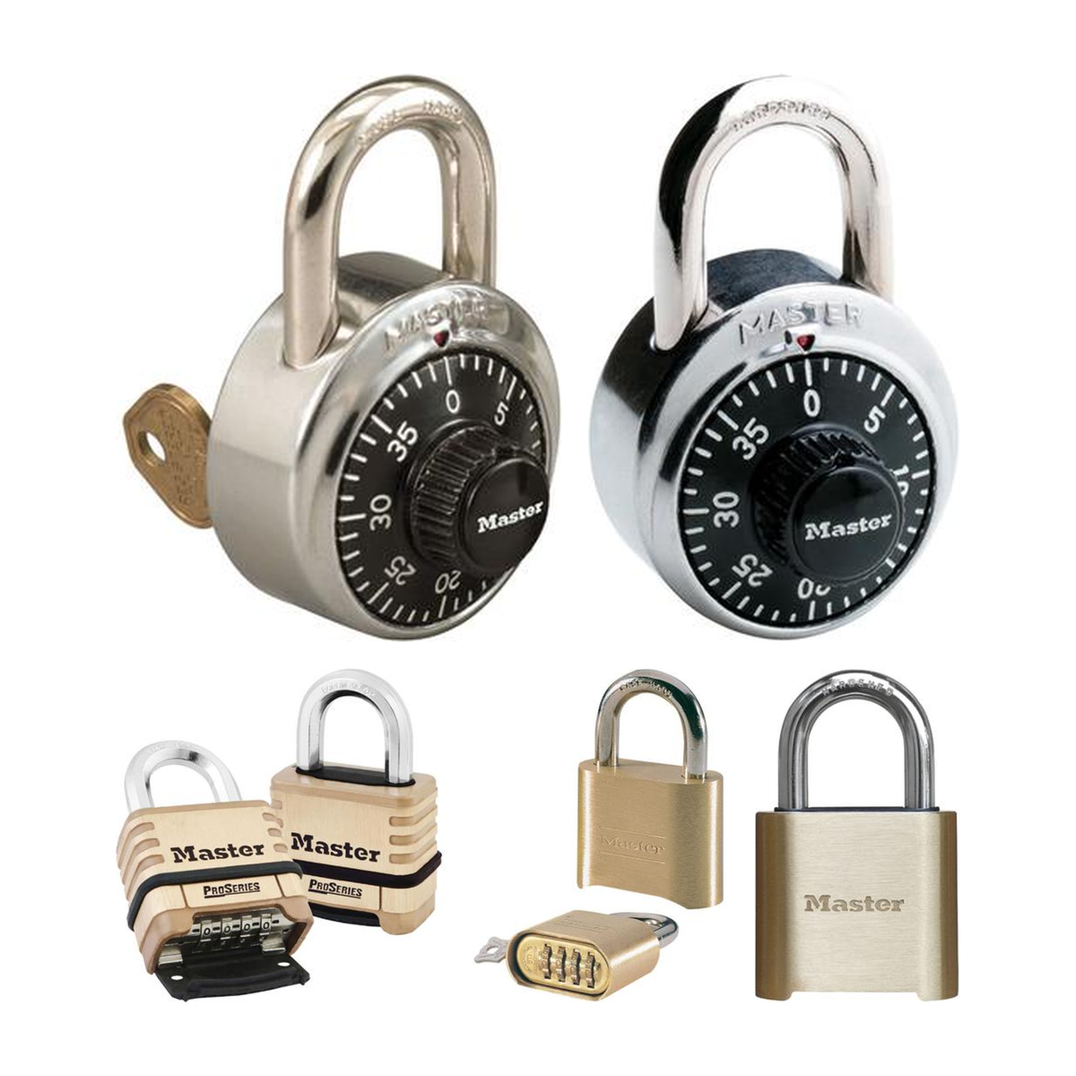 Cijferslot: 1525. locker-slot sleutel contr.functie, 1502. locker-kastslot blockguard®, 1175d. combinatie hangsloten, 175eurd. massief messing combinatieslot, 975. messing combinatieslot 4 cijfers