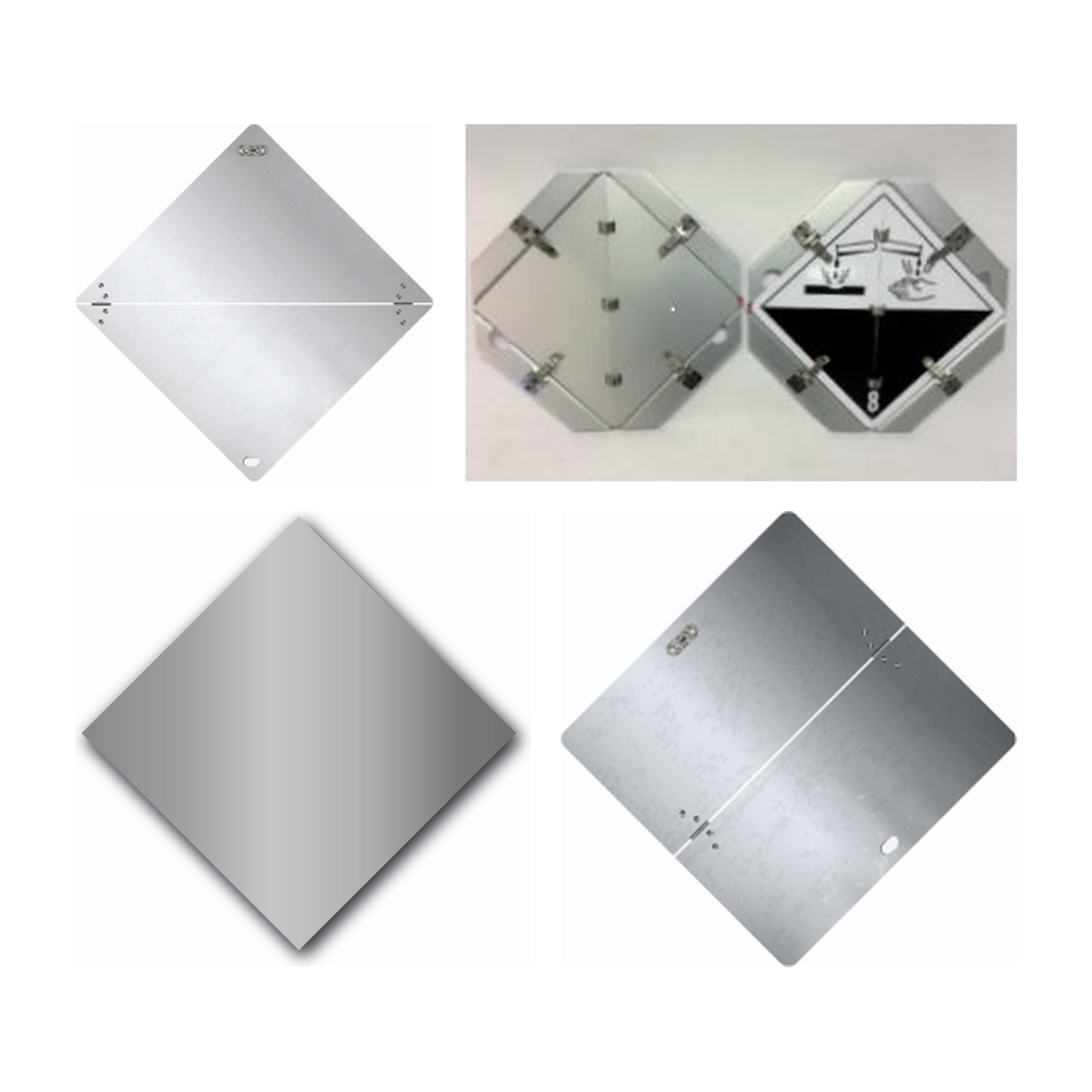 Dragers: bord adr symbol.gevaarl.stoff.klapbaar, wisselsysteem met 8 adr gevaarsetiketten, blanco dragers voor adr stickers, blanco bord, diagonaal klapbaar