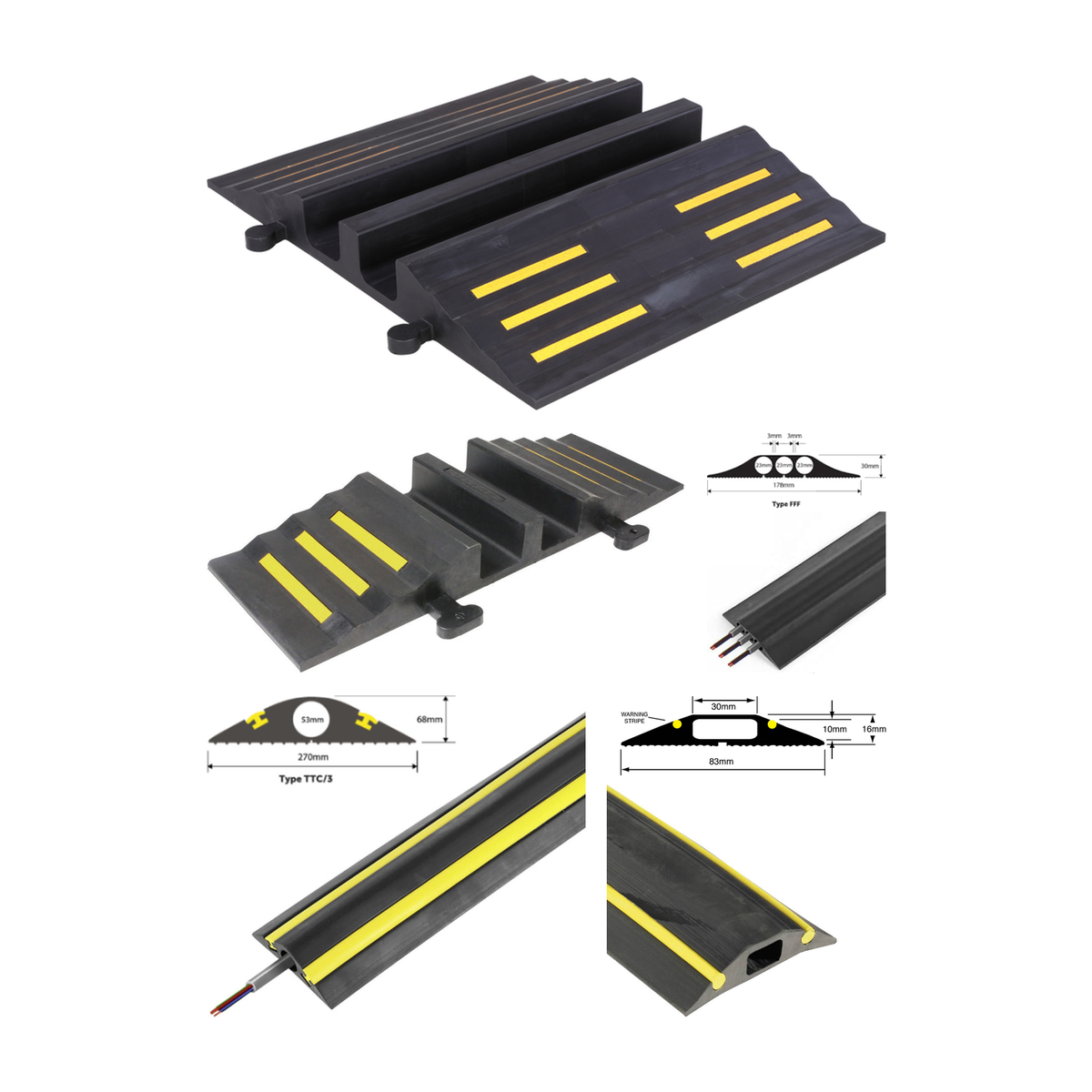 Drempels: zwarte en gele kabeldrempels, buis & kabel-beschermingen 2 kanaals, type fff kabel & slangbescherming, type ttc3 kabel & slangbescherming, type haz2 kabel & slangbescherming