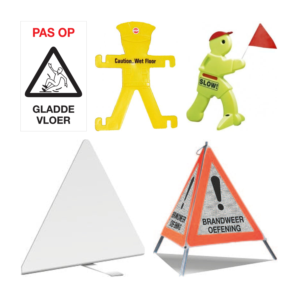 Grondsignalisatie: pictos en teksten voor plooibare bakens, mobiel afbakeningsmannetje "caution...", verkeersmaatje victor veilig "slow", blanco aluminium driehoek 700mm +voet, brandweeroefening, triopan