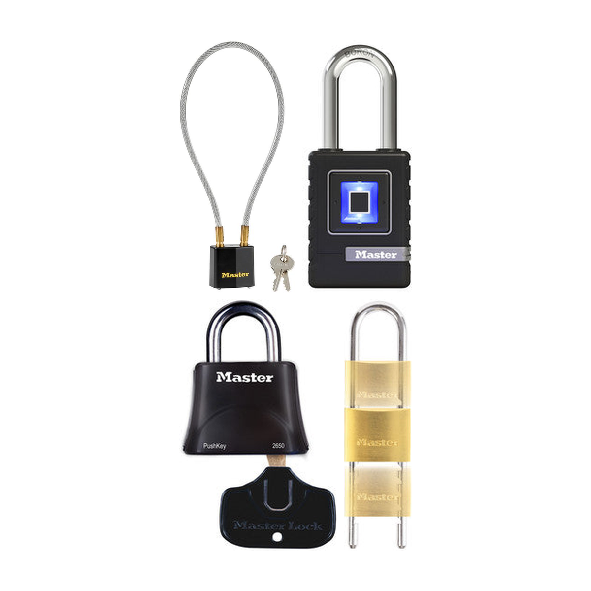 Hangsloten: zwart geweerslot met kabel, 4901eurd. biometrisch hangslot, 2650. slot voor schoolkluisjes, 1950eurd massief messing slot aanpasbaar