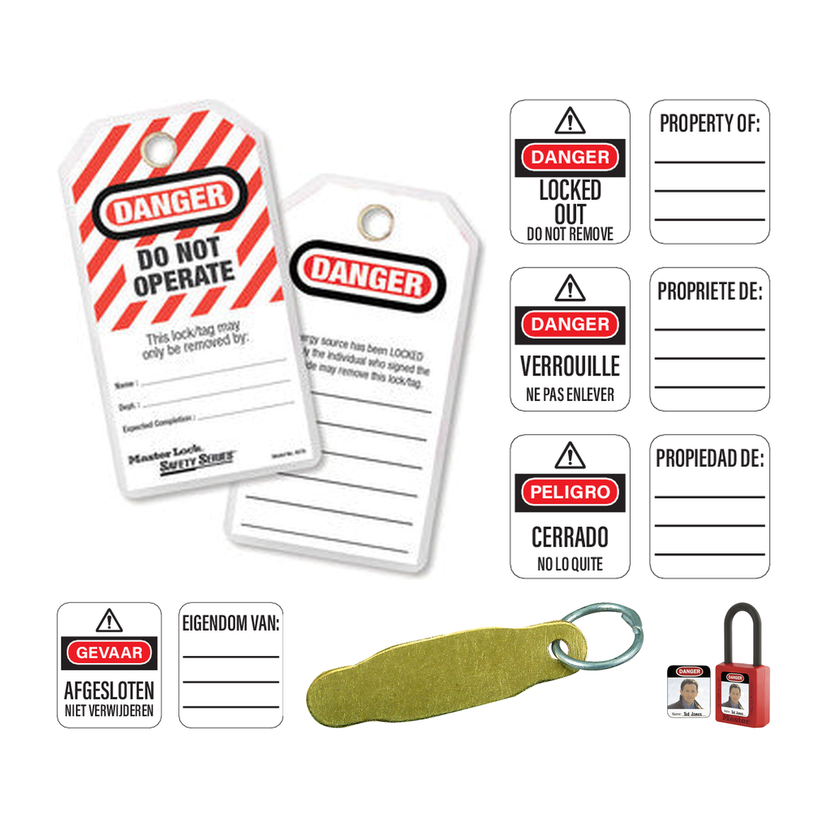 Identificatie: gelamineerd veiligheidslabel "gevaar", 461. hangslot identificatie labels, labels voor thermoplastische sloten, 71tag. graveerbare identificatietags, foto-identificatielabels