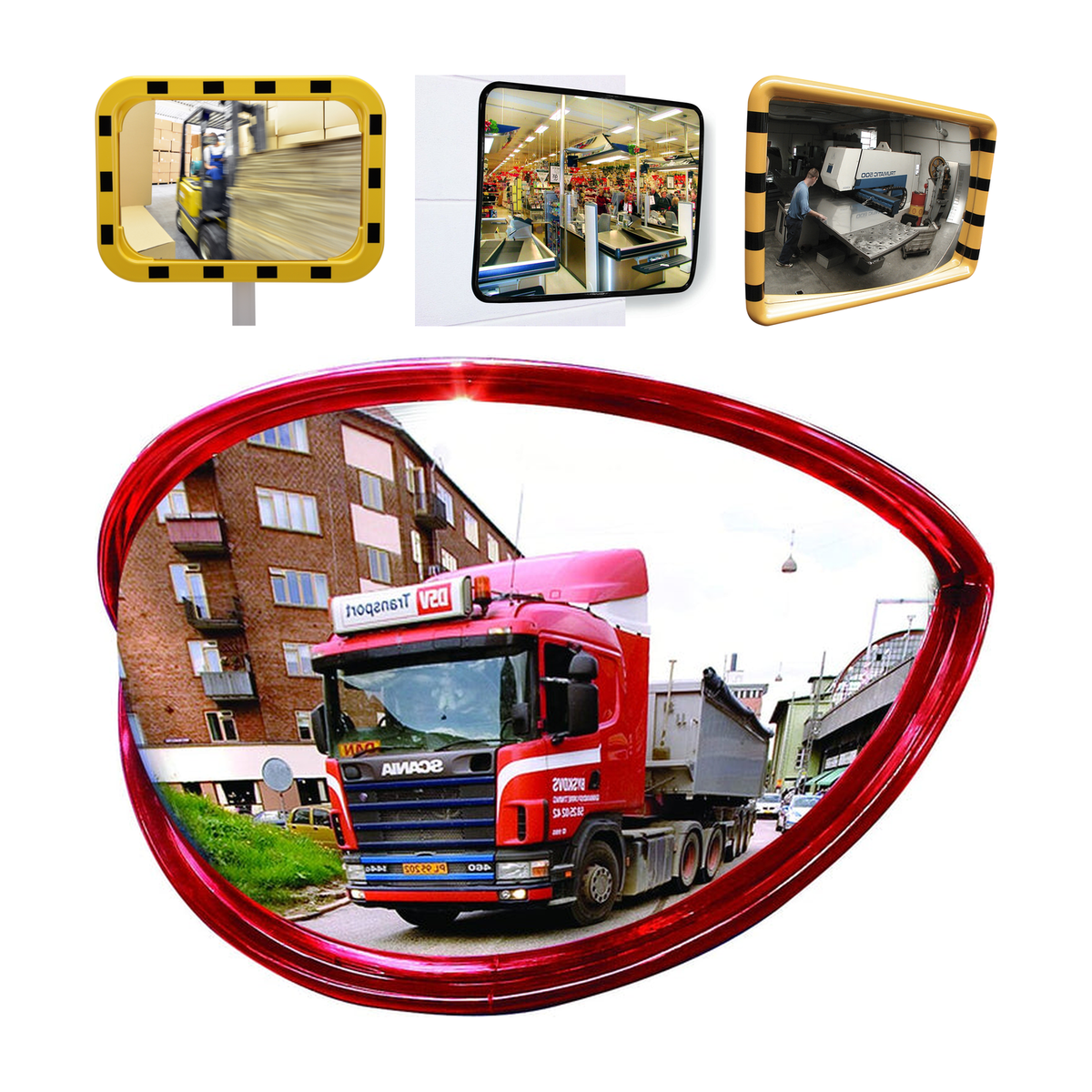Industriële spiegels: industriële spiegel "newton", industriële spiegel "da vinci", controlespiegels met telescopische arm, verkeersspiegel "copenhagen"