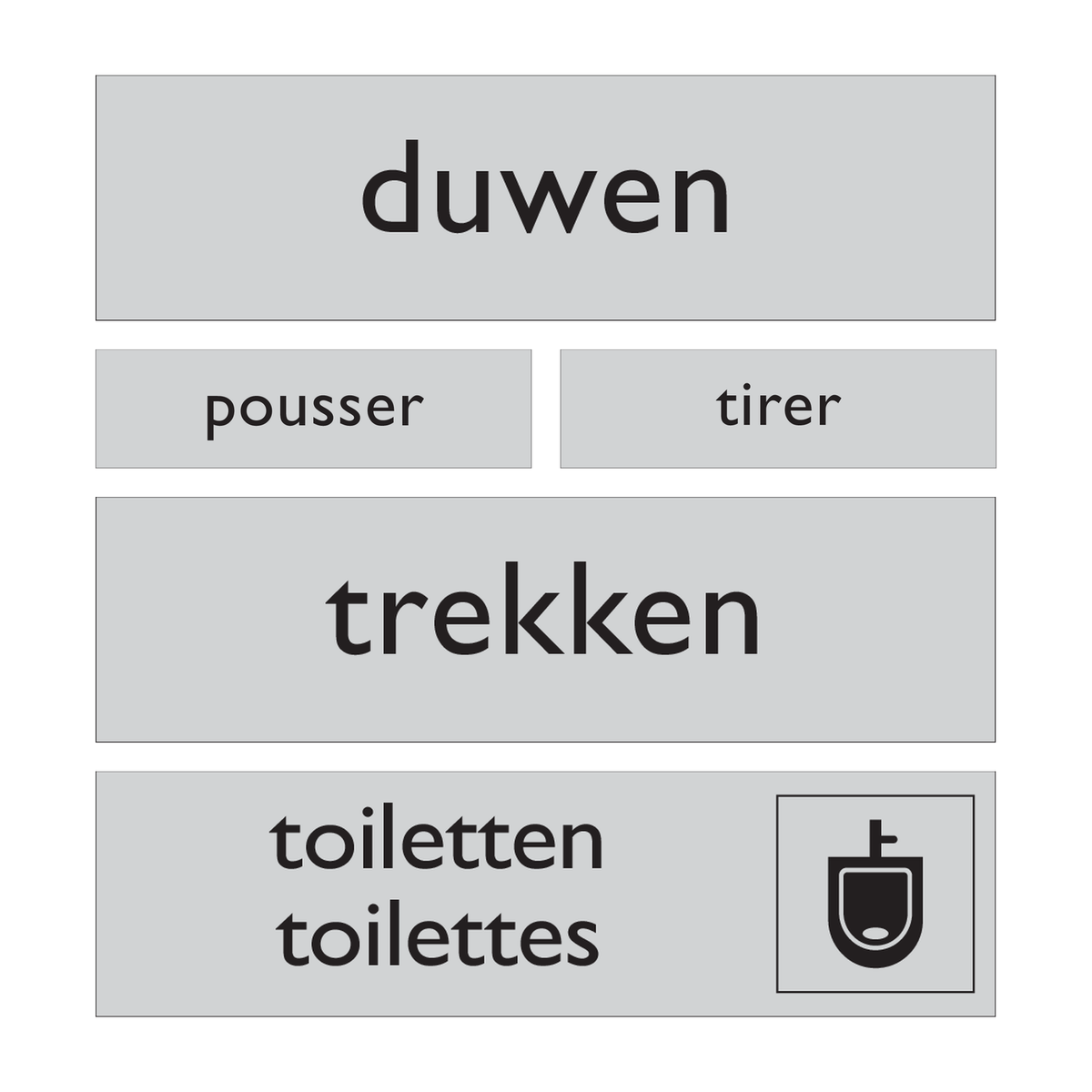 Infoplaatjes Alulook: duwen, pousser, tirer, trekken, urinoir met tekst toiletten/toilettes