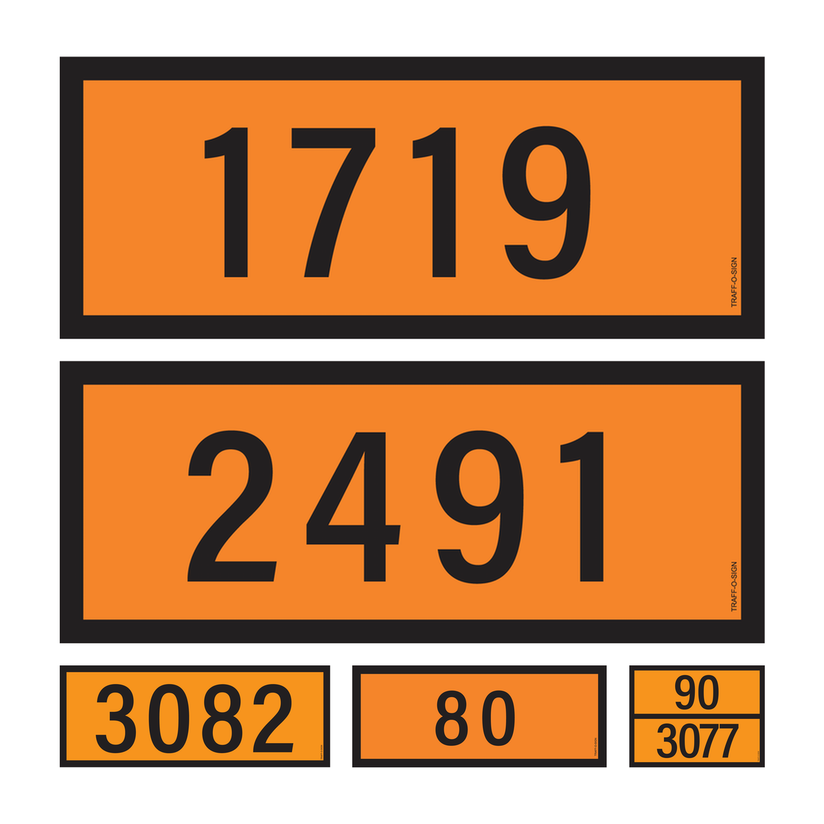 Kemlerborden: adr bord, un nummers van 1000 tot 1999, adr bord, un nummers van 2000 tot 2999, adr bord, un nummers van 3000 tot 3999, adr bord, un nummers van 0 tot 0999, adr bord met gevarencode 90/3077
