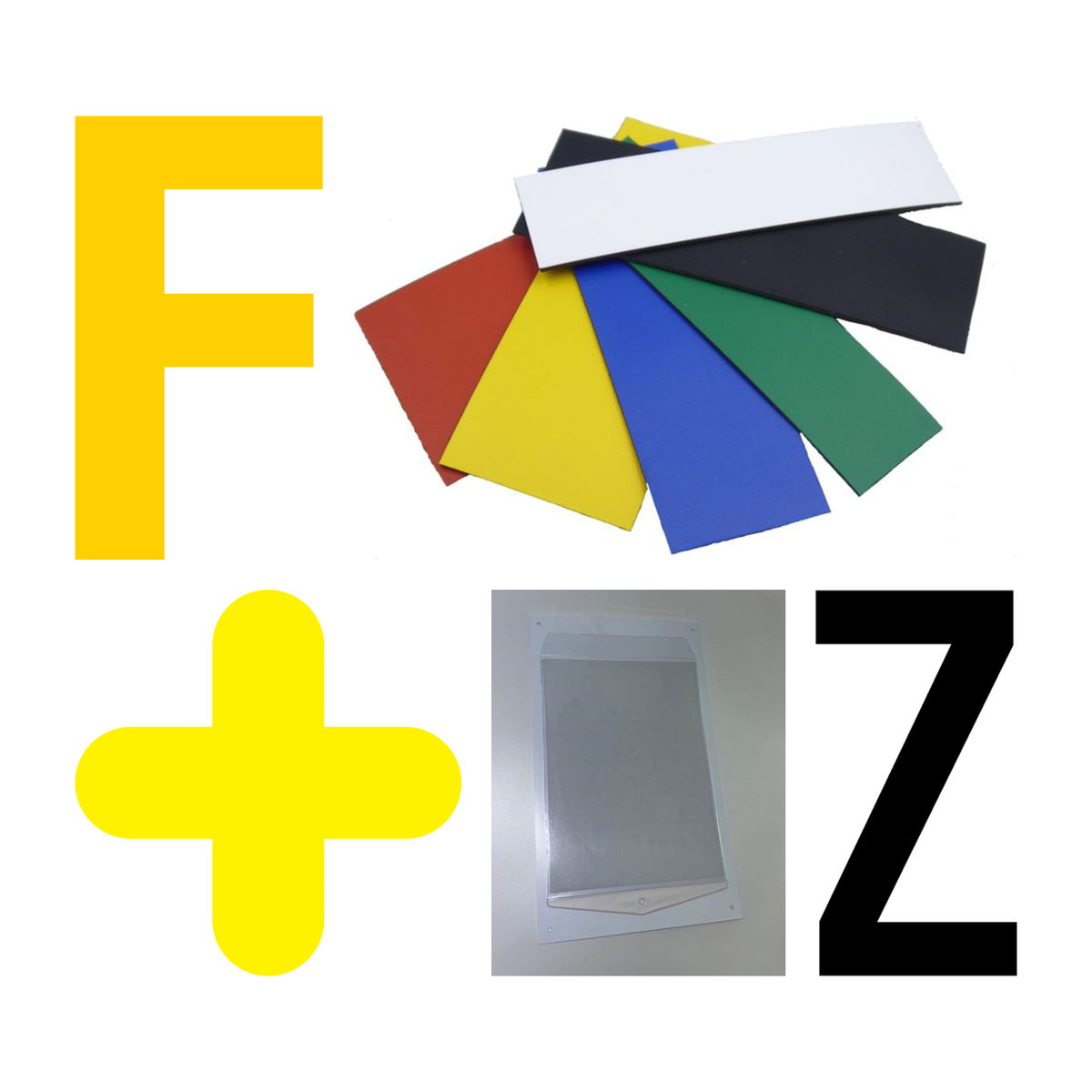 Magazijnsignalisatie: f, uitgesneden letter op transfer, magnetische etiketten, x-stuk, vloermarkering, hoezen op vaste pp ondergrond, z, uitgesneden letter
