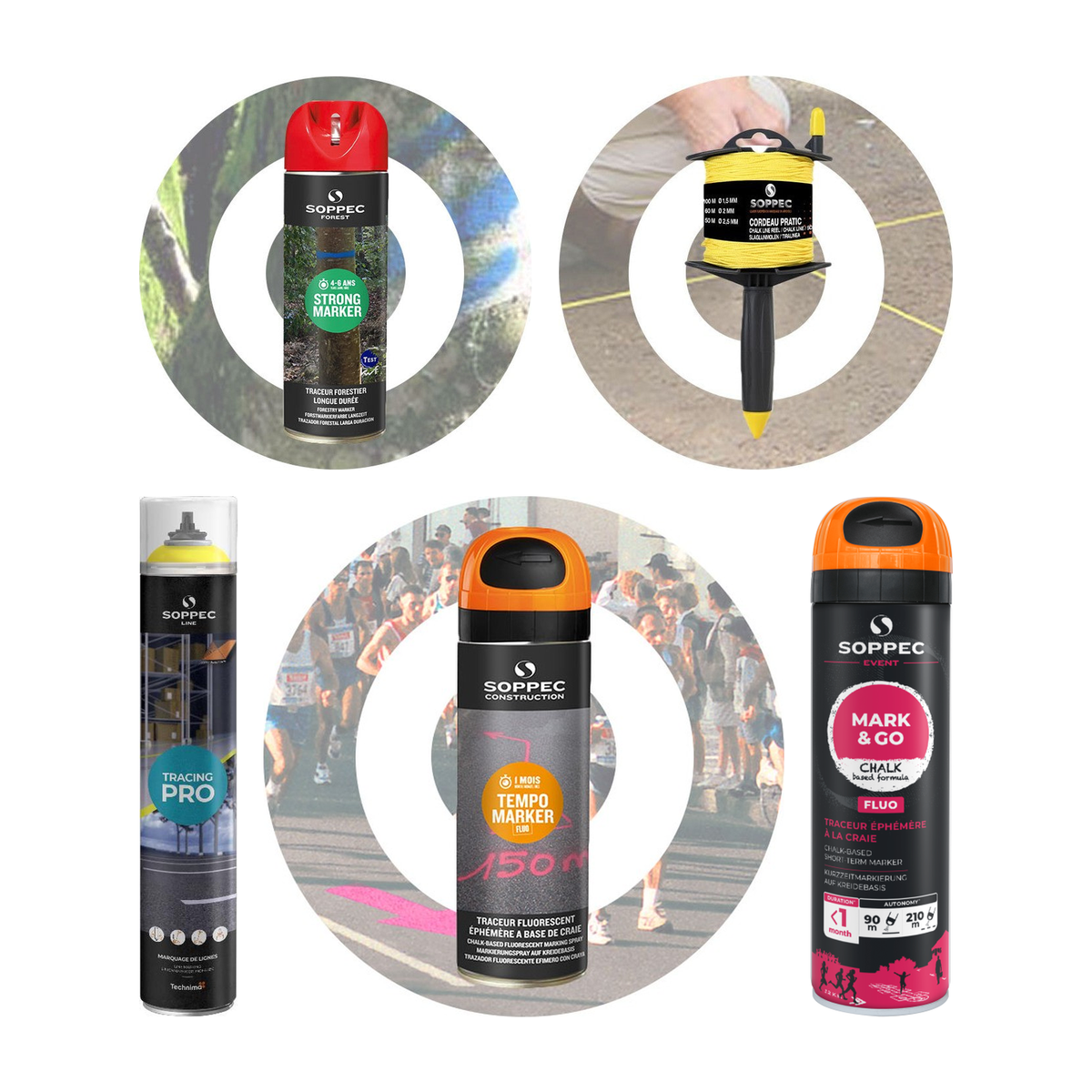 Markeerverf: strong marker, langdurige bosmarkeerder, markeerkoord, tracing pro ,zichtbaarheid 12 maanden, tempo marker, zichtbaarheid tot 2 weken, mark & go, zichtbaarheid enkele dagen