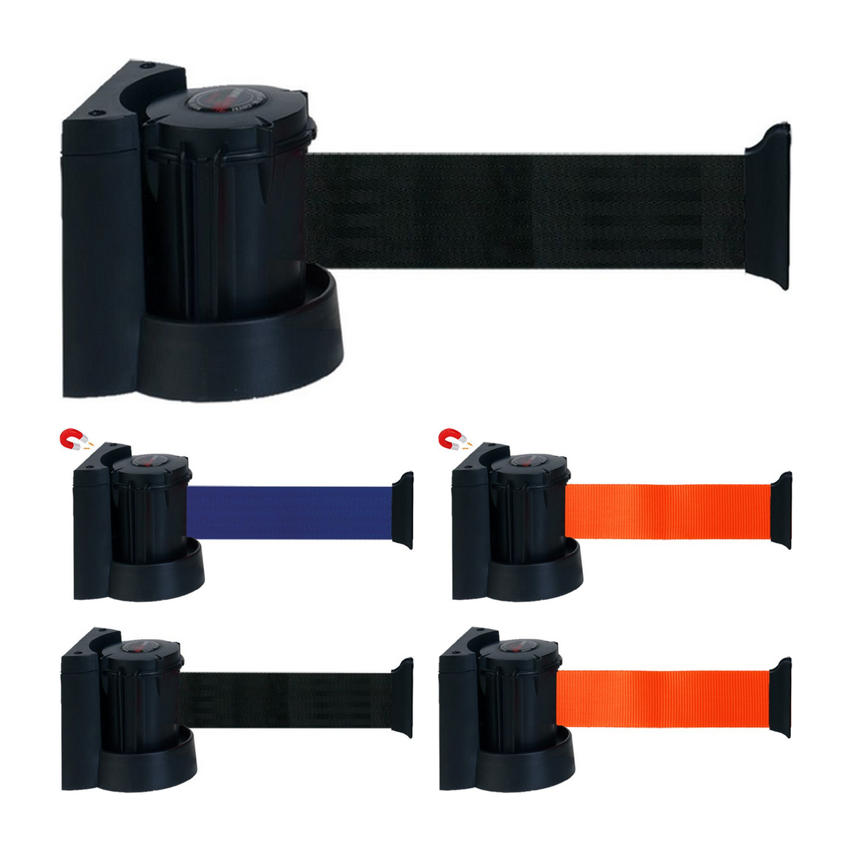 Muurhouder met afrolbaar lint: oprolbaar lint zwart, magnetisch, oprolbaar lint blauw, magnetisch, oprolbaar lint fluo oranje, magnetisch, oprolbaar lint zwart, oprolbaar lint fluo oranje