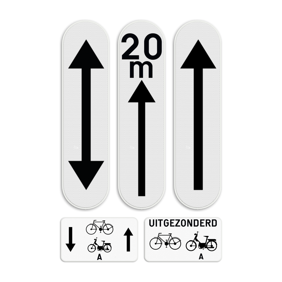Onderborden: xd reglementering lange afstand, xc relementering korte afstand vb:20m, xa onderbord - pijl, m5 fietsers & bromfietsers a in 2 richt, m3 uitgezonderd fietsers & bromfiets. a