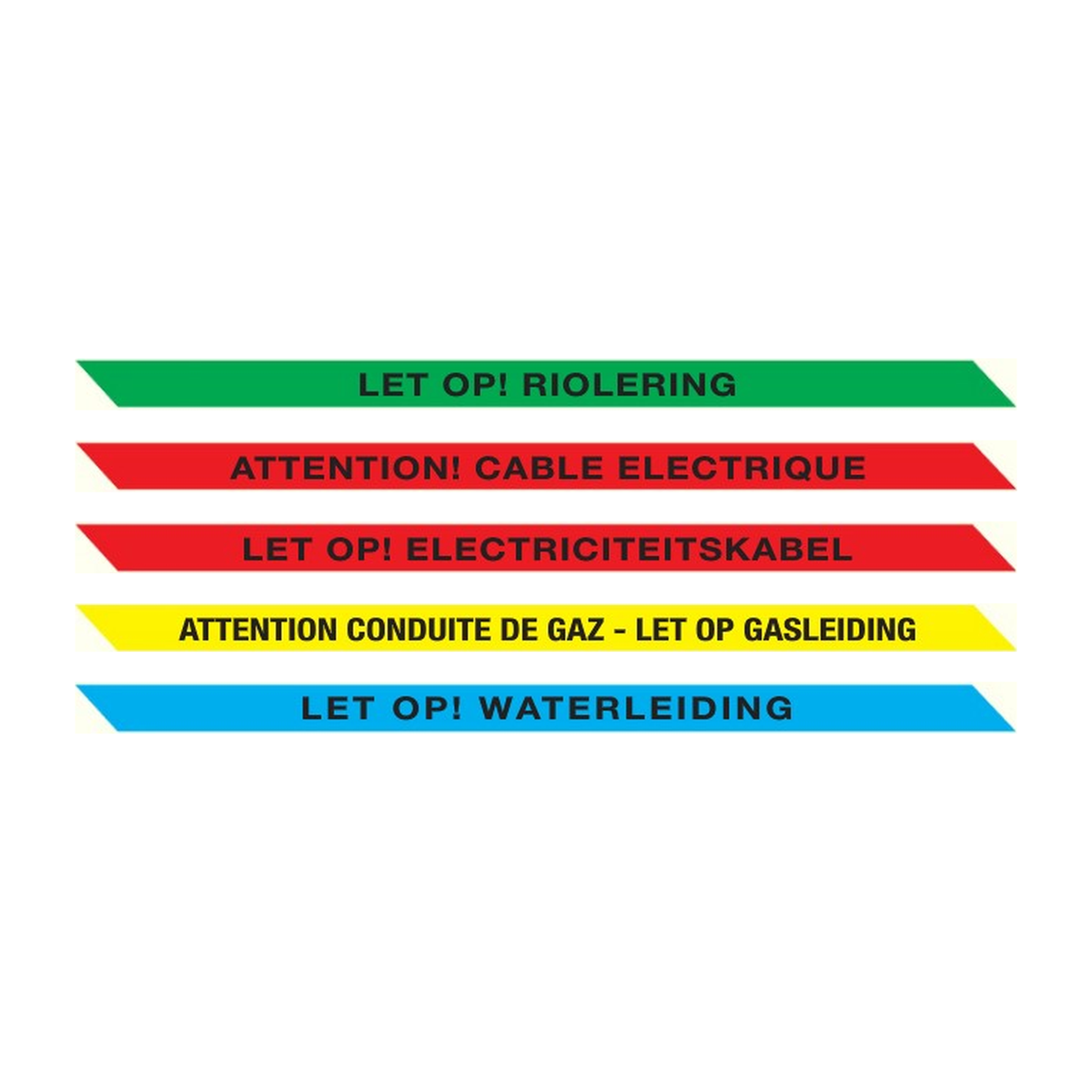 Ondergronds waarschuwingslint: waarschuwingslint, let op! riolering, waarschuwingslint, attention! cable el, waarschuwingslint, let op! elekt.kabel, waarschuwingslint, attention! gas-gaz, waarschuwingslint, let op!  waterleiding