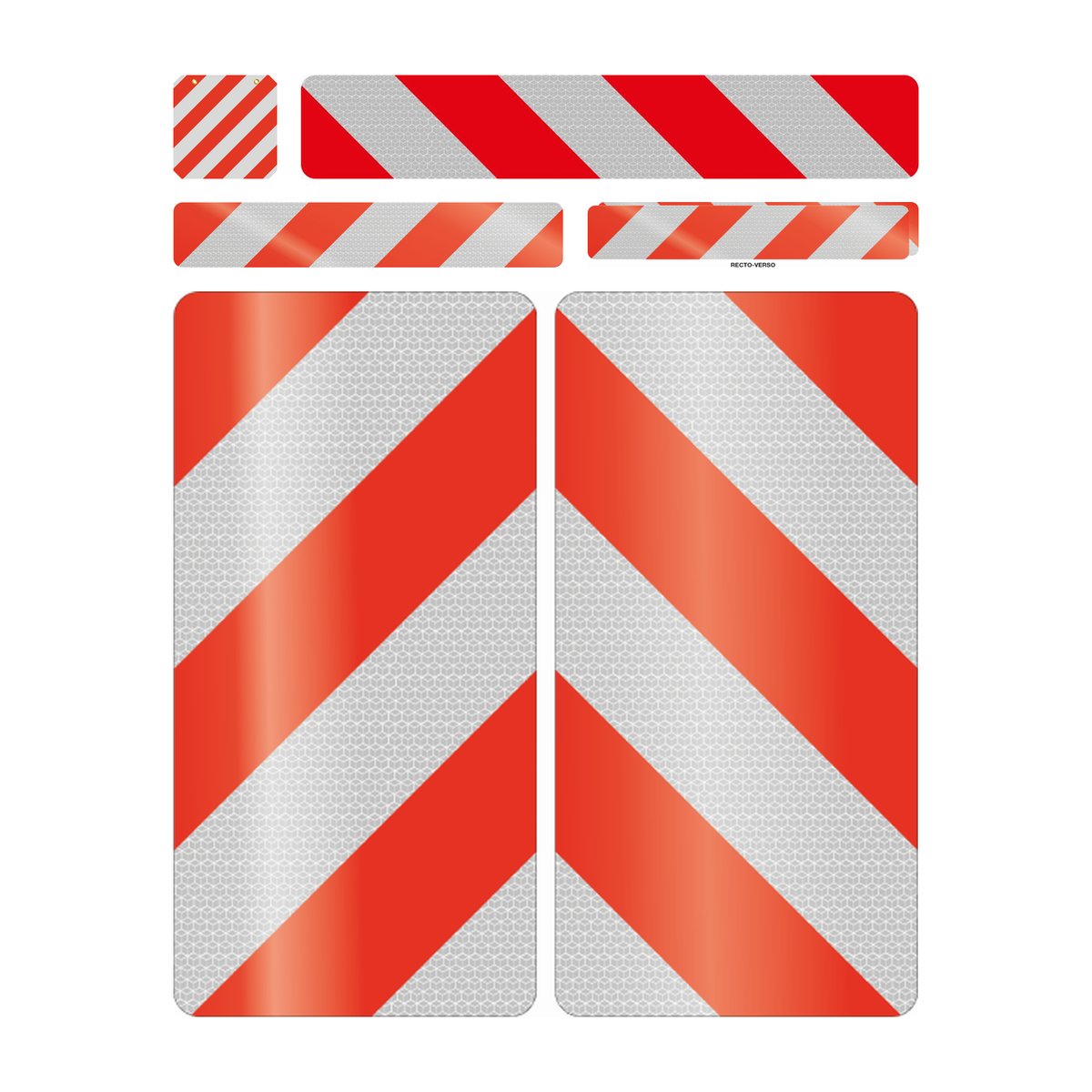 Overhangende last: makeringsbord uitstekende lading, containermarkering 1x rechtslopend, containermarkering 1x linkslopend, containermarkering recto-verso, set containermarkeringen links en rechts