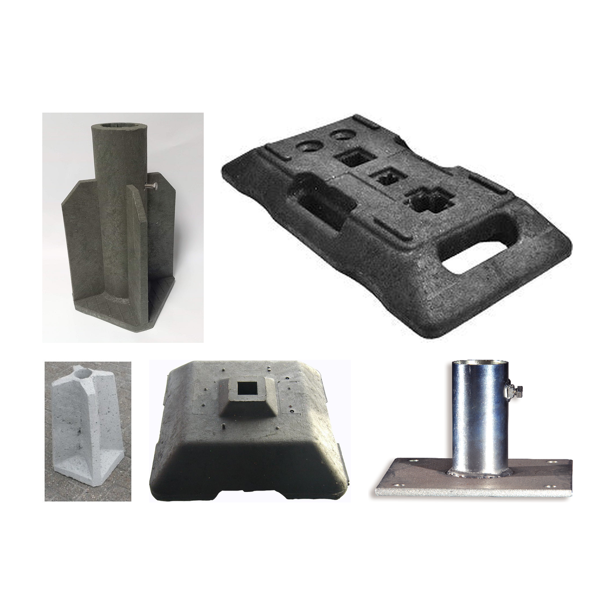 Paalvoeten: voet voor palen 51 & 76mm & adapter, bigfoot - baakvoeten voor palen, betonvoeten voor palen diam.51 & 76mm, minifoot paalvoet voor paal 40x40mm, stalen paalvoet 200x200x10mm