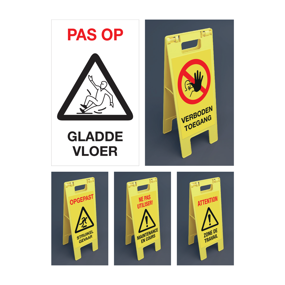 Plooibakens: pictos en teksten voor plooibare bakens, verboden toegang, inklapbaar baken, opgepast struikelgevaar, inklapb. baken, ne pas utiliser!... inklapbaar baken, attention! zone travail, inklapb. baken