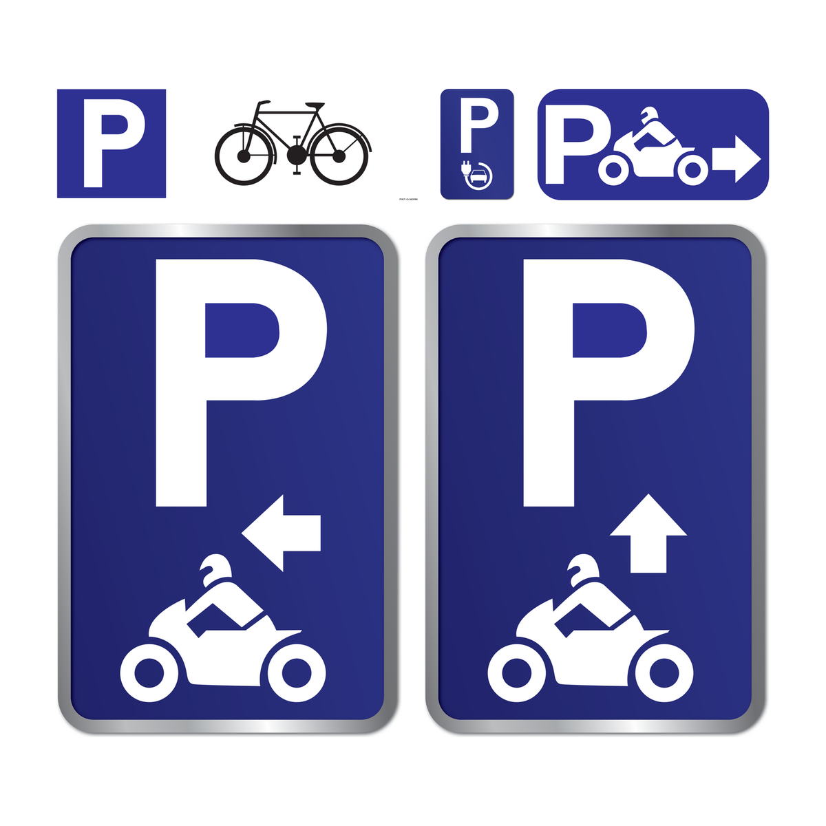 Signalisatie: parking fietsen, parkeerplaats voor elektrisch laden, parking moto's naar rechts, parking moto's naar links, parking moto's rechtdoor
