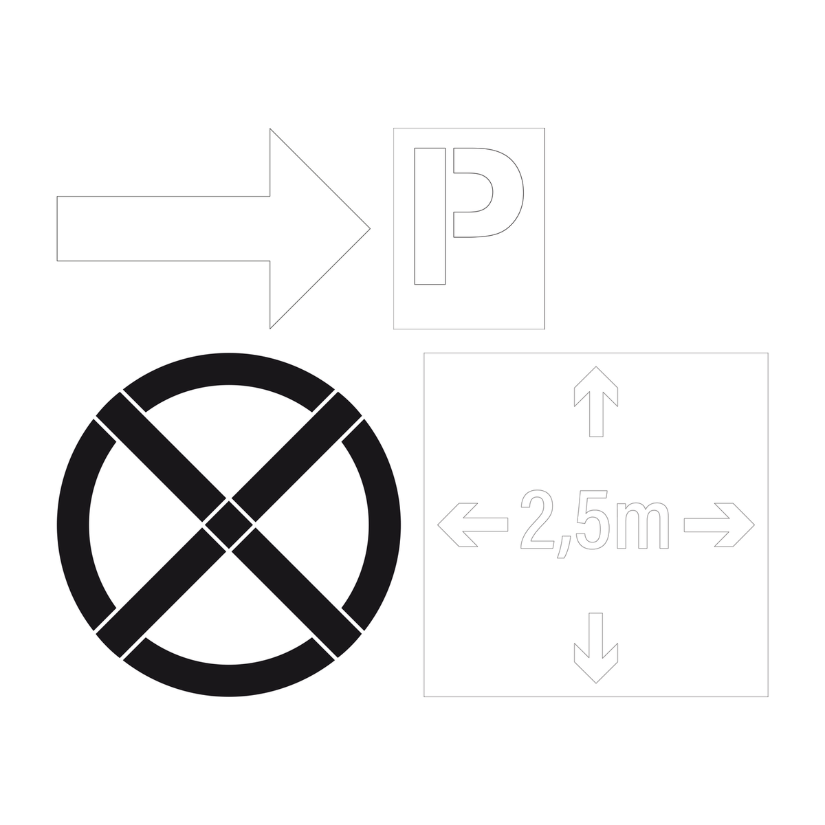Sjablonen: sjablonen, pijlen, sjablonen, parking, sjabloon dibond 2mm, hoogte 100mm, sjablonen, stilstaan & parkeren verboden, sjabloon, social distancing