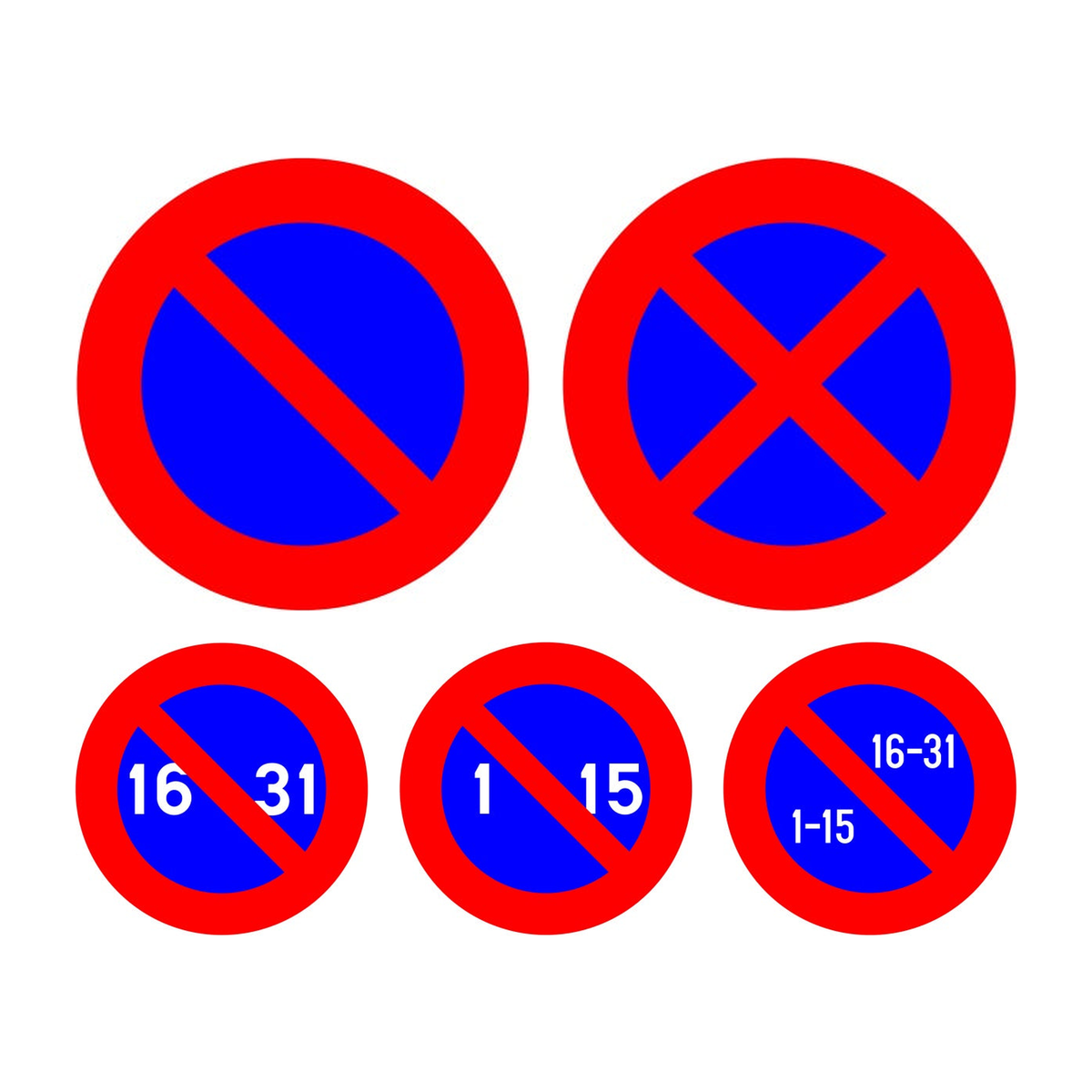 Stilstaan en parkeren: e1 parkeren verboden, e3 stilstaan en parkeren verboden, e7 parkeerverbod van 16de tot eind maand, e5 parkeerverbod van 1ste tot 15de maand, e11 halfmaandelijks parkeren