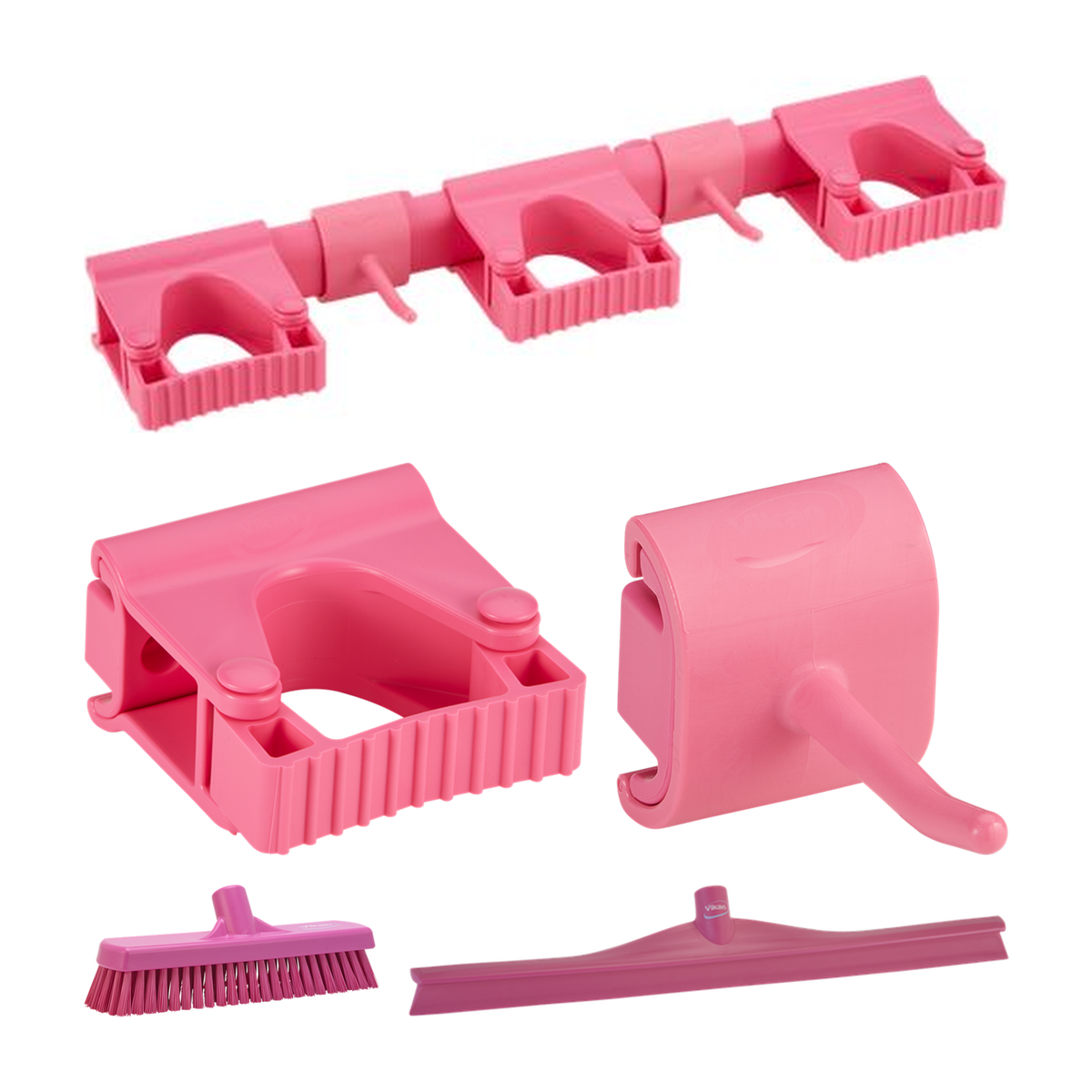 Vikan producten: hygiënisch hi-flex ophangsysteem, hygiënische muurbeugel, enkele haak, wand-/vloer schrobborstel, hard 305mm, aftrekker ultra-hygiënisch, 600mm