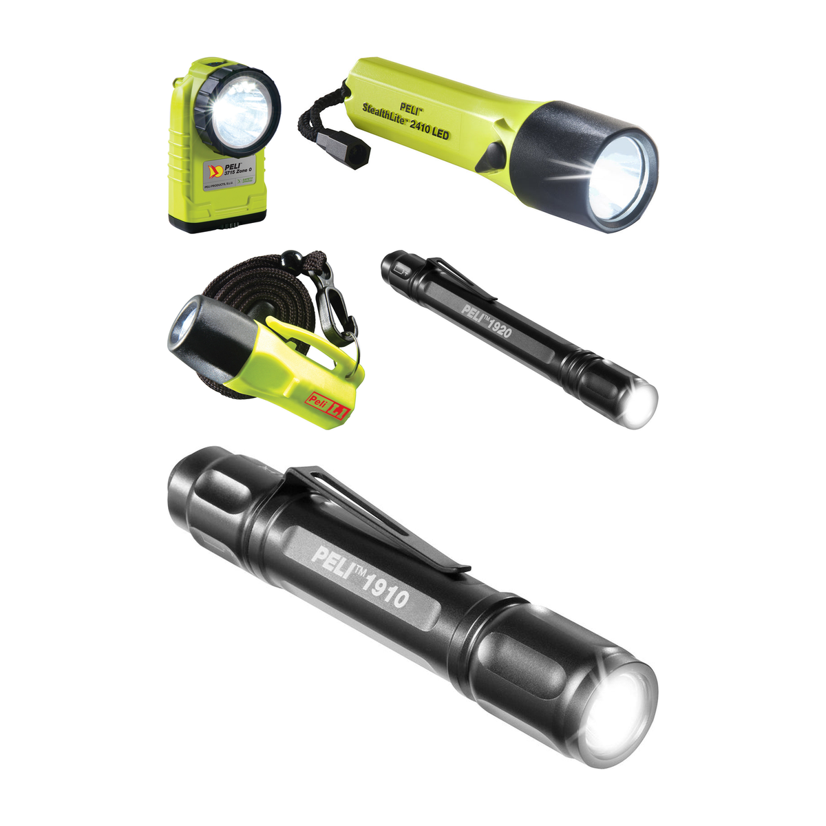 Zaklampen: peli 3715z0 atex zone 0 ipx4, peli 2410 stealthlite ipx7, peli 1930 l1 mini, peli 1920, peli 1910