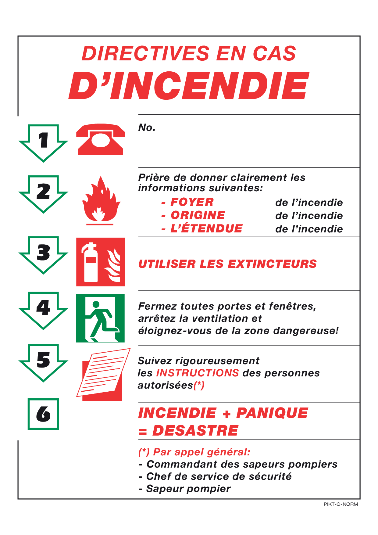 DIRECTIVES EN CAS D'INCENDIE